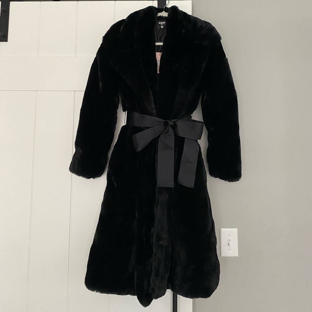 NWT Missguided faux fur black coat with bow